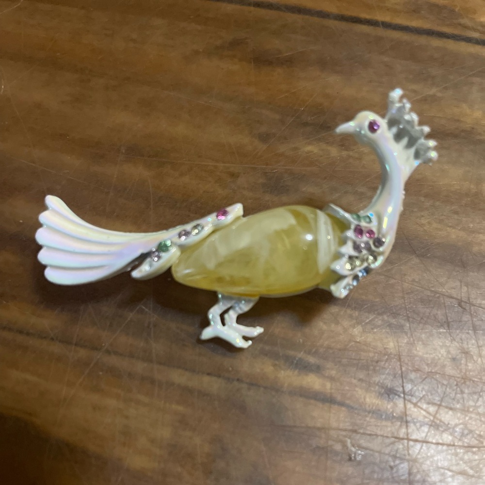 Vintage Peacock Enameled Painted Finish Brooch with Rhinestones unique rare